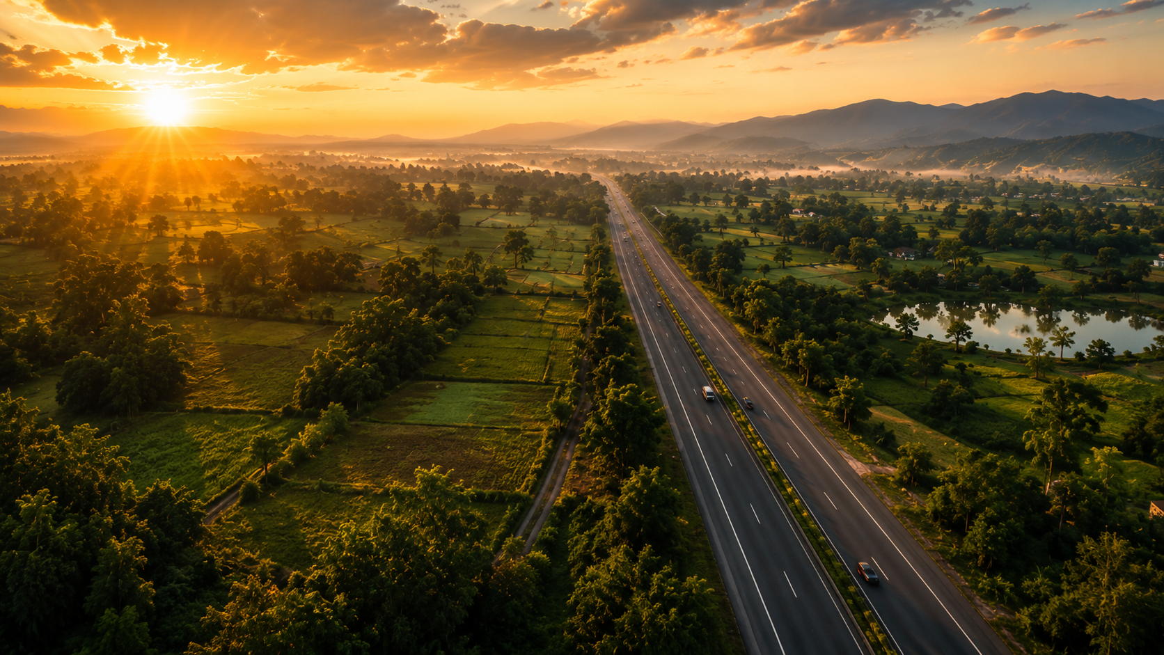 Aerial golden-hour view of the NH731 highway winding through lush green farmland valleys with misty mountains