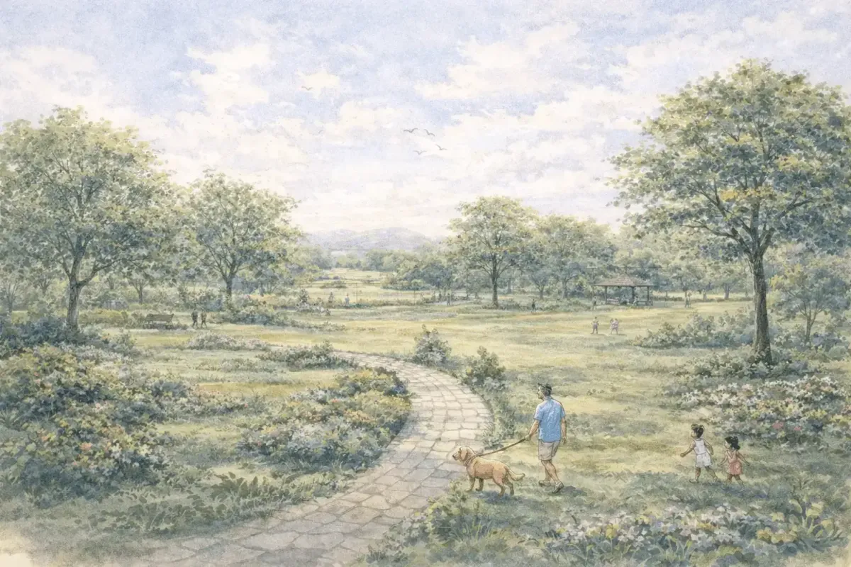 Hand painted illustration of a family enjoying a green landscaped community park